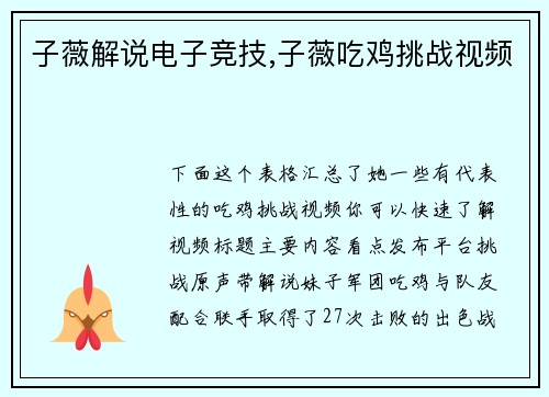 子薇解说电子竞技,子薇吃鸡挑战视频